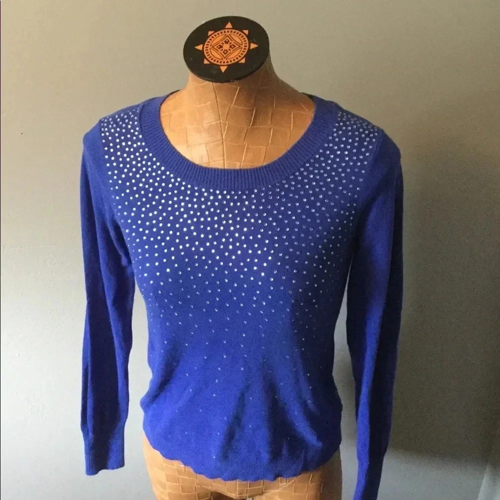 Express Women's Rhinestone Sparkle Crew Neck Long Sleeve‎ Sweater Small Blue